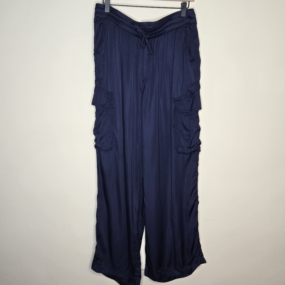 AERIE NWT Navy Blue Shiny Satin Women's Drawstring Loose Fit Cargo Pants - Picture 4 of 11